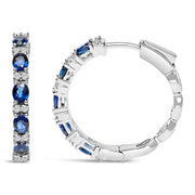 Bids.com 14K White Gold 4x3mm Oval Blue Sapphire and 1/4 Cttw Diamond Alternating Hoop Earring (I-J Color, SI2-I1 Clarity) Earrings White Smoke White.Gold / 0.252