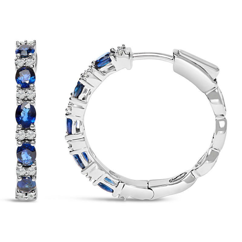 Bids.com 14K White Gold 4x3mm Oval Blue Sapphire and 1/4 Cttw Diamond Alternating Hoop Earring (I-J Color, SI2-I1 Clarity) Earrings White Smoke White.Gold / 0.252