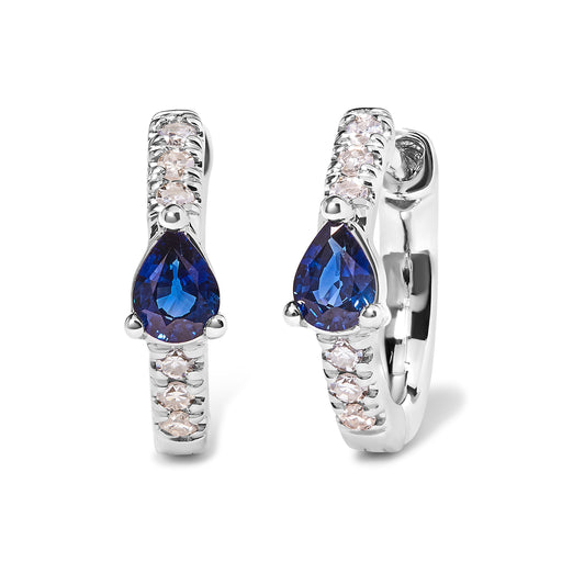 Bids.com 10K White Gold Pear Shaped Blue Sapphire and 1/10 Cttw Diamond Huggy Hoop Earrings (H-I Color, I1-I2 Clarity) Earrings White Smoke White.Gold / 0.108
