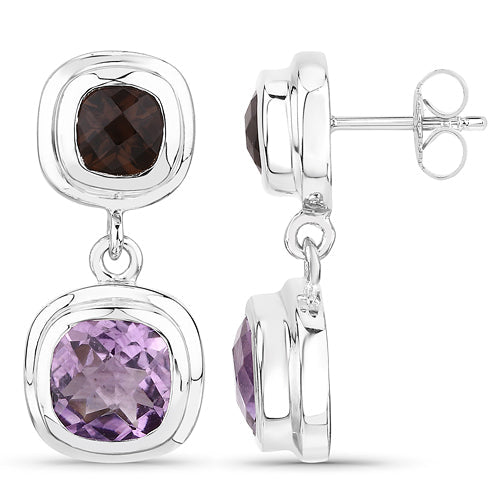 Bids.com 6.60 Carat Genuine Amethyst and Smoky Quartz .925 Sterling Silver Earrings Earrings White Smoke
