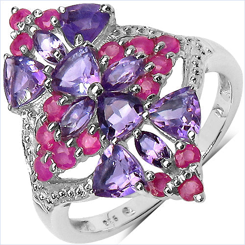 Bids.com 2.58 Carat Genuine Amethyst & Ruby .925 Sterling Silver Ring Rings White Smoke size 6.00,size 7.00,size 8.00,size 9.00