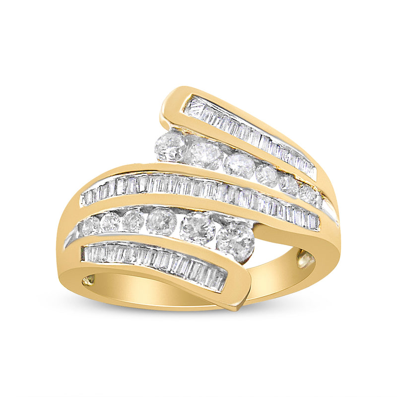 Bids.com 10K Yellow Gold 1 Cttw Round and Baguette-Cut Diamond Multi Row Bypass Ring Band (H-I Color, I1-I2 Clarity) - Ring Size 7 Rings White Smoke 7 / Yellow.Gold