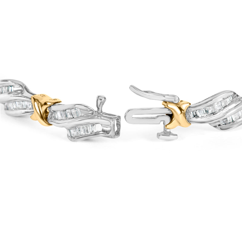 Bids.com 10k Two-Toned Gold 2.00 Cttw Channel Set Baguette-Diamond Weave and  "X" Spiral Link Bracelet (H-I Color, I1-I2 Clarity) - 7" Bracelets White Smoke YellowWhite.Gold / 7