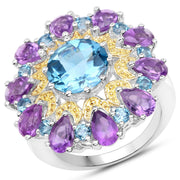 Bids.com 8.86 Carat Genuine London Blue Topaz and Amethyst .925 Sterling Silver Ring Rings White Smoke size 7.00,size 8.00,size 6.00,size 9.00