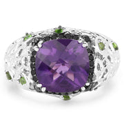 Bids.com 3.27 Carat Genuine Amethyst, Chrome Diopside & Black Diamond .925 Sterling Silver Ring Rings White Smoke size 6.00,size 8.00,size 7.00,size 5.00,size 9.00,size 10.00