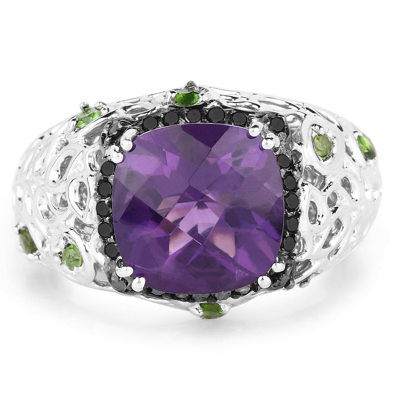 Bids.com 3.27 Carat Genuine Amethyst, Chrome Diopside & Black Diamond .925 Sterling Silver Ring Rings White Smoke size 6.00,size 8.00,size 7.00,size 5.00,size 9.00,size 10.00