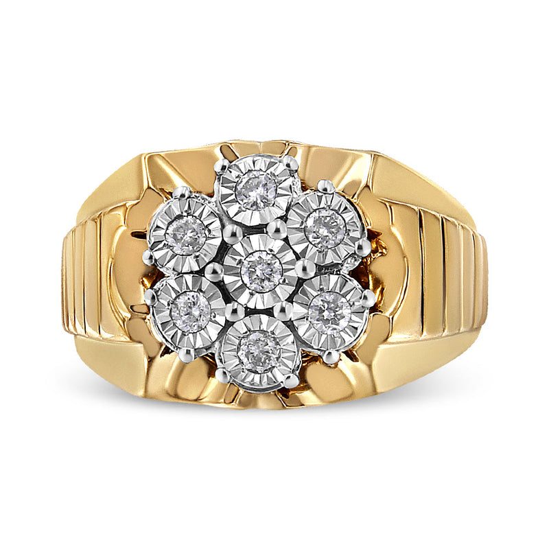 Bids.com Men's 14K Yellow Gold Plated .925 Sterling Silver 1/3 Cttw Miracle-Set Floral Diamond Cluster Ring (I-J Color, I1-I2 Clarity) - Size 10 Rings White Smoke 9 / Yellow.Sterling Silver,11 / Yellow.Sterling Silver,10 / Yellow.Sterling Silver,12 / Yellow.Sterling Silver