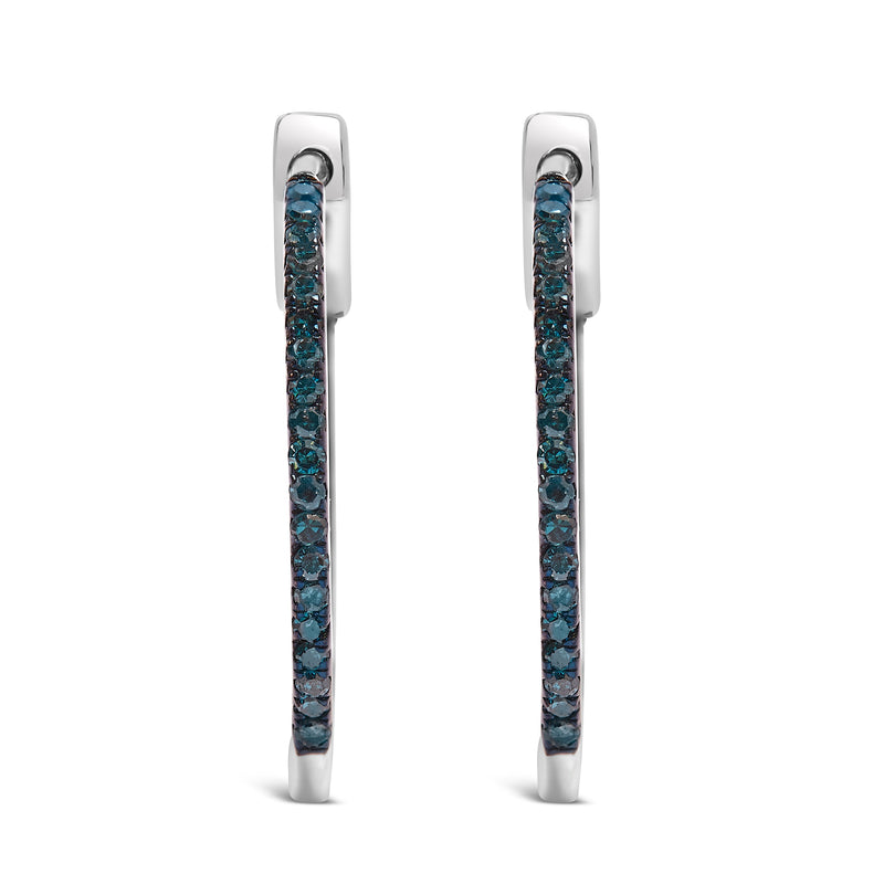 Bids.com .925 Sterling Silver 1/3 Cttw Inside Out Blue Treated Diamond 1MM Wide Hoop Earrings (Blue Color, I2-I3 Clarity) Earrings White Smoke White.Sterling Silver / 0.32
