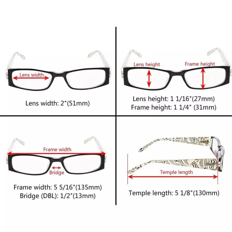 eyekeeper.com 4 Pack Gem Pattern Arms Reading Glasses Rectangular Readers R006-C1-C4 Eyeglasses White Smoke 4 Pairs Mix / +0.50,4 Pairs Mix / +0.75,4 Pairs Mix / +1.00,4 Pairs Mix / +1.25,4 Pairs Mix / +1.50,4 Pairs Mix / +1.75,4 Pairs Mix / +2.00,4 Pairs Mix / +2.25,4 Pairs Mix / +2.50,4 Pairs Mix / +2.75,4 Pairs Mix / +3.00,4 Pairs Mix / +3.50,4 Pairs Mix / +