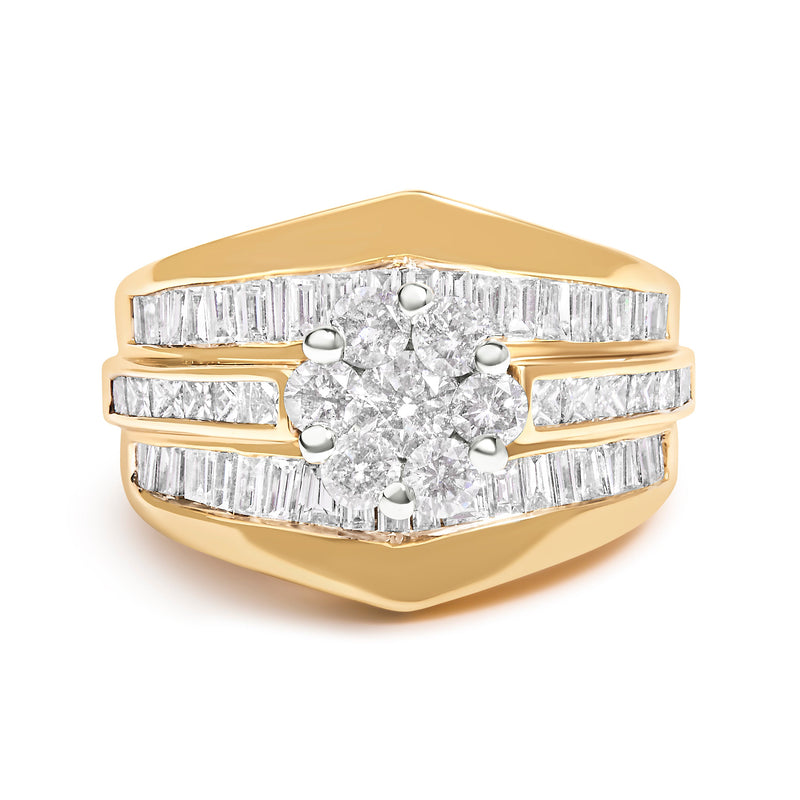 Bids.com 14K Yellow Gold 2-1/3 Cttw Diamond Cluster Channel Set Chevron Shaped Engagement Ring (H-I Color, SI1-SI2 Clarity) - Ring Size 7 Rings White Smoke 7 / Yellow.Gold,9 / Yellow.Gold,6 / Yellow.Gold,8 / Yellow.Gold,10 / Yellow.Gold,5.5 / Yellow.Gold,6.5 / Yellow.Gold,7.5 / Yellow.Gold,9.5 / Yellow.Gold,8.5 / Yellow.Gold