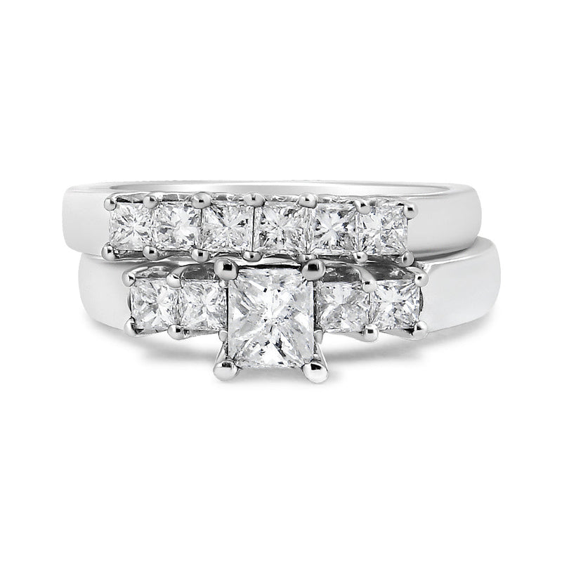 Bids.com 14K White Gold 1 1/2 Cttw 5 Stone Princess Diamond Engagement Wedding Ring Set (H-I Color, SI2-I1 Clarity) - Ring Size 7 Rings Light Gray 7 / White.Gold
