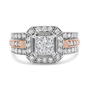 Bids.com 14K White and Rose Gold 1 1/8 Cttw Princess and Round-Cut Diamond Art Deco Style Triple Shank Halo Cocktail Ring (I-J Color, SI2-I1 Clarity) - Size 7 Rings White Smoke 7 / WhiteRose.Gold,4.5 / WhiteRose.Gold