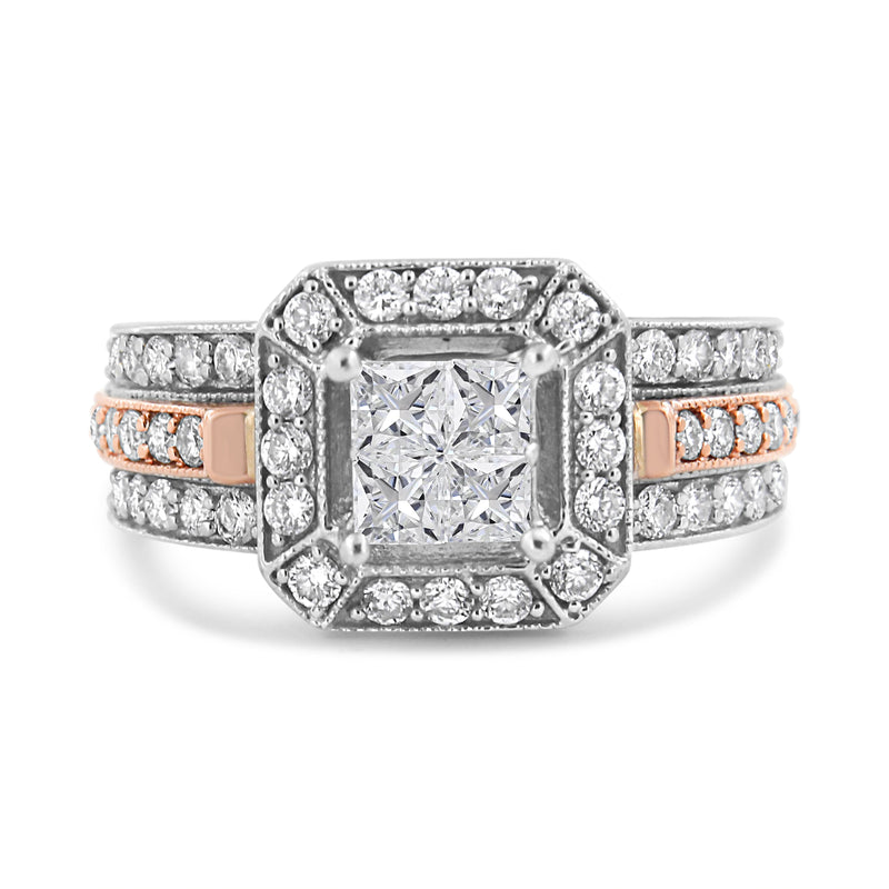 Bids.com 14K White and Rose Gold 1 1/8 Cttw Princess and Round-Cut Diamond Art Deco Style Triple Shank Halo Cocktail Ring (I-J Color, SI2-I1 Clarity) - Size 7 Rings White Smoke 7 / WhiteRose.Gold,4.5 / WhiteRose.Gold