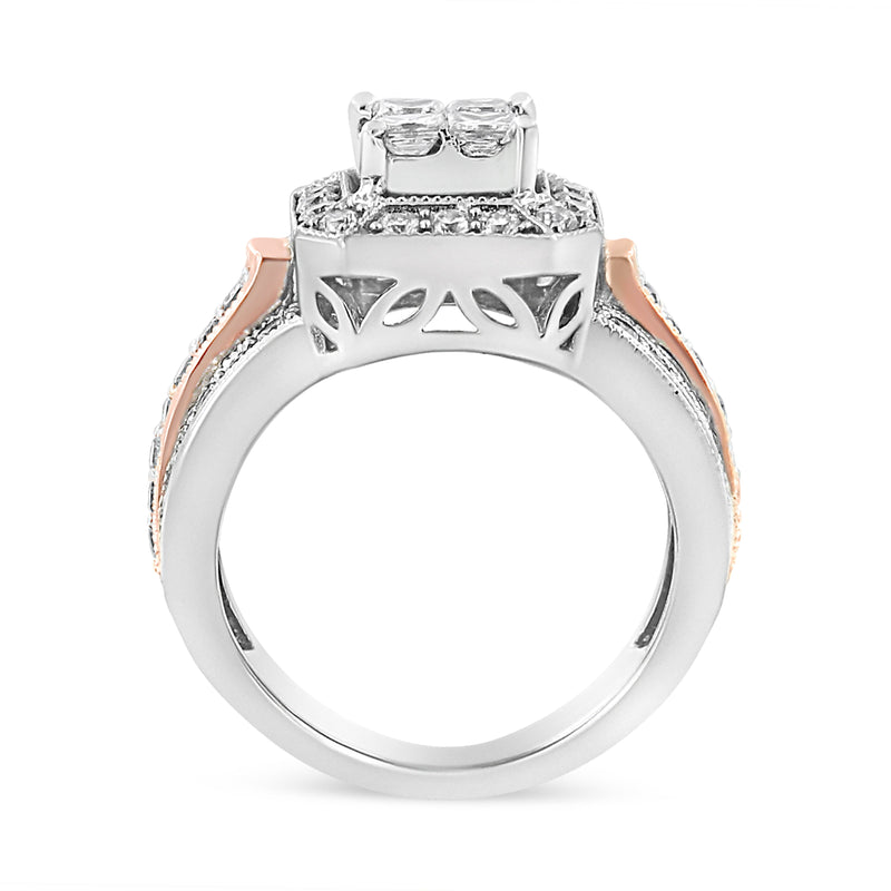 Bids.com 14K White and Rose Gold 1 1/8 Cttw Princess and Round-Cut Diamond Art Deco Style Triple Shank Halo Cocktail Ring (I-J Color, SI2-I1 Clarity) - Size 7 Rings White Smoke 7 / WhiteRose.Gold,4.5 / WhiteRose.Gold