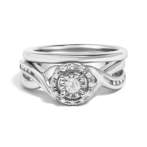 Bids.com .925 Sterling Silver 1/7 Cttw Diamond Halo Bypass Engagement Ring and Wedding Band Set (I-J Color, I3 Clarity)- Size 7 Rings White Smoke 7 / White.Sterling Silver,5 / White.Sterling Silver,6 / White.Sterling Silver,8 / White.Sterling Silver,9 / White.Sterling Silver,10 / White.Sterling Silver,11 / White.Sterling Silver,12 / White.Sterling Silver