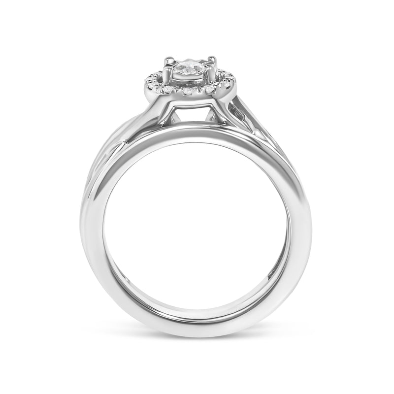 Bids.com .925 Sterling Silver 1/7 Cttw Diamond Halo Bypass Engagement Ring and Wedding Band Set (I-J Color, I3 Clarity)- Size 7 Rings White Smoke 7 / White.Sterling Silver,5 / White.Sterling Silver,6 / White.Sterling Silver,8 / White.Sterling Silver,9 / White.Sterling Silver,10 / White.Sterling Silver,11 / White.Sterling Silver,12 / White.Sterling Silver