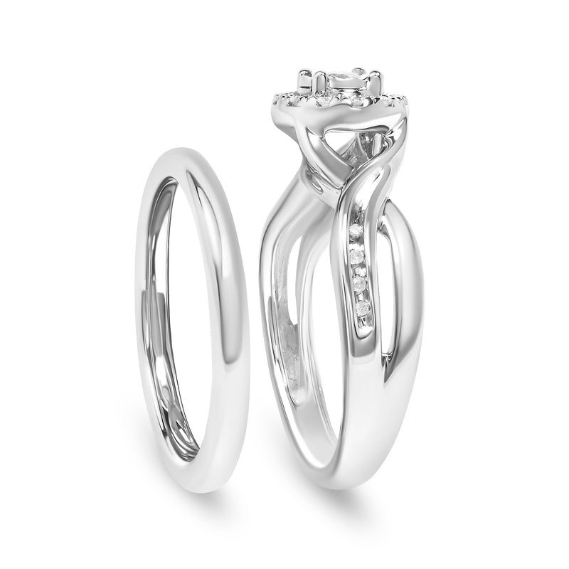 Bids.com .925 Sterling Silver 1/7 Cttw Diamond Halo Bypass Engagement Ring and Wedding Band Set (I-J Color, I3 Clarity)- Size 7 Rings White Smoke 7 / White.Sterling Silver,5 / White.Sterling Silver,6 / White.Sterling Silver,8 / White.Sterling Silver,9 / White.Sterling Silver,10 / White.Sterling Silver,11 / White.Sterling Silver,12 / White.Sterling Silver