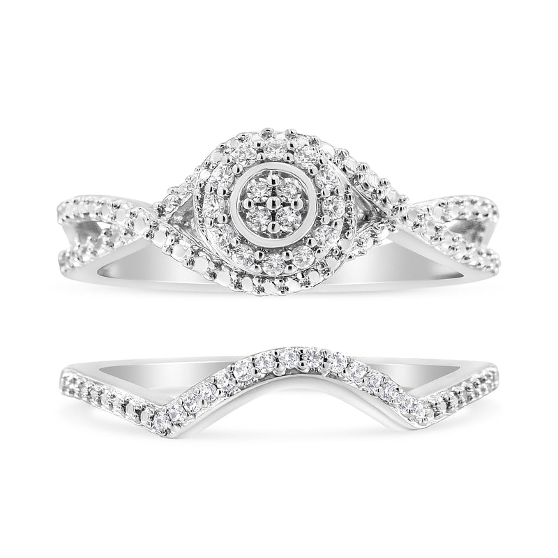 Bids.com .925 Sterling Silver 1/6 Cttw Diamond Composite Halo and Split Shank Bridal Set Ring and Band  (I-J Color, I3 Clarity) - Size 7 Rings White Smoke 7 / White.Sterling Silver,9 / White.Sterling Silver,6 / White.Sterling Silver,8 / White.Sterling Silver,5 / White.Sterling Silver,10 / White.Sterling Silver,11 / White.Sterling Silver,12 / White.Sterling Silver