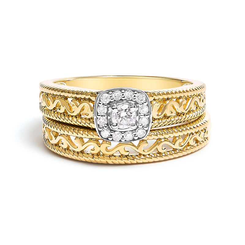 Bids.com 14K Yellow Gold Plated .925 Sterling Silver 1/5 Cttw Diamond Halo and Milgrain Finish Engagement Ring Bridal Set (I-J Color I3 Clarity) - Size 7 Rings White Smoke 9 / Yellow.Sterling Silver,6 / Yellow.Sterling Silver,8 / Yellow.Sterling Silver,5 / Yellow.Sterling Silver,10 / Yellow.Sterling Silver,11 / Yellow.Sterling Silver,12 / Yellow.Sterling Silver,7 / Yellow.Sterling Silver