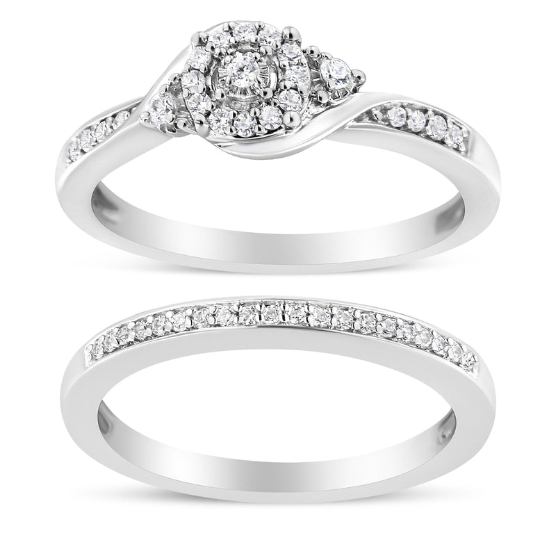 Bids.com .925 Sterling Silver 1/4 Cttw Diamond Halo and Swirl Engagement Ring and Wedding Band Set (I-J Color, I3 Clarity)- Ring Size 7 Rings White Smoke 7 / White.Sterling Silver,6 / White.Sterling Silver,8 / White.Sterling Silver,5 / White.Sterling Silver,9 / White.Sterling Silver