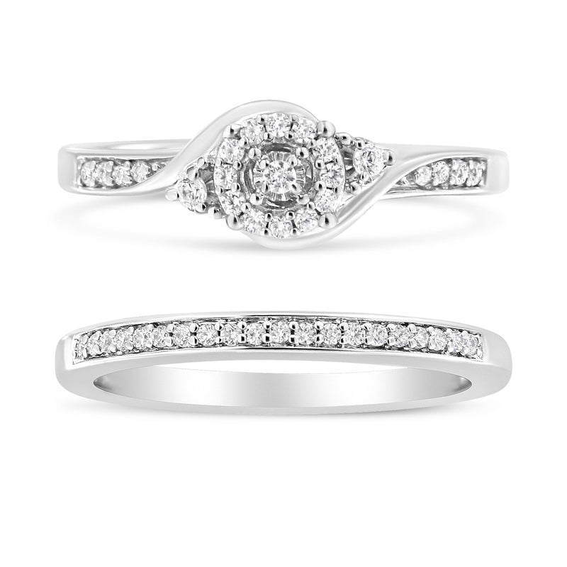 Bids.com .925 Sterling Silver 1/4 Cttw Diamond Halo and Swirl Engagement Ring and Wedding Band Set (I-J Color, I3 Clarity)- Ring Size 7 Rings White Smoke 7 / White.Sterling Silver,6 / White.Sterling Silver,8 / White.Sterling Silver,5 / White.Sterling Silver,9 / White.Sterling Silver