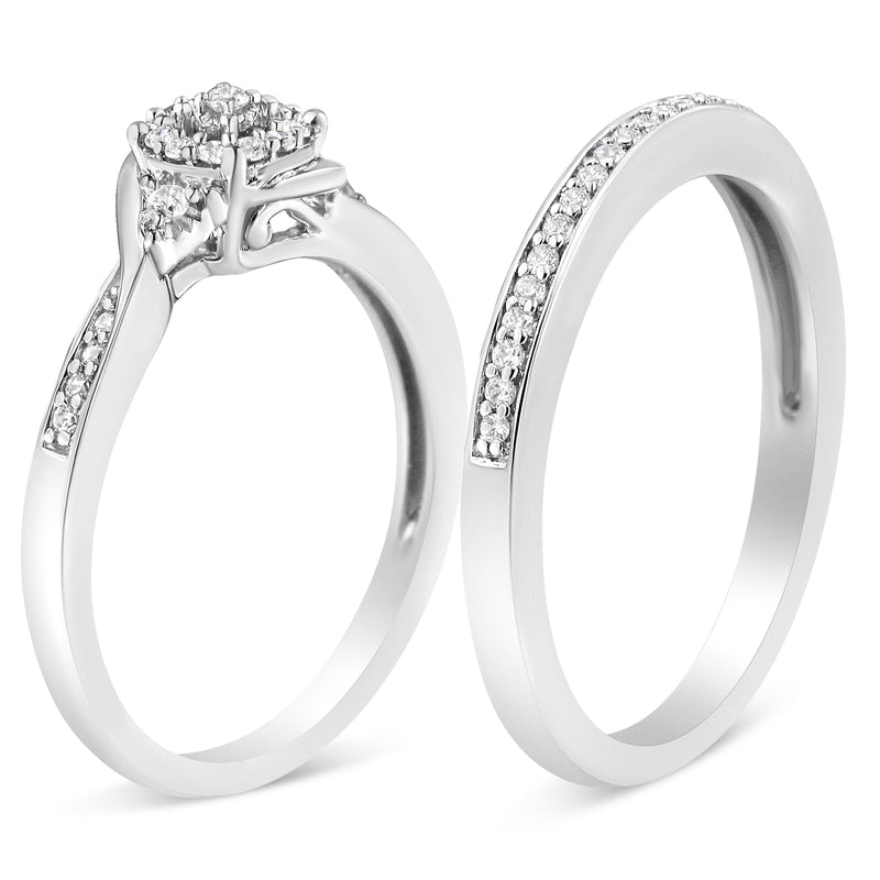Bids.com .925 Sterling Silver 1/4 Cttw Diamond Halo and Swirl Engagement Ring and Wedding Band Set (I-J Color, I3 Clarity)- Ring Size 7 Rings White Smoke 7 / White.Sterling Silver,6 / White.Sterling Silver,8 / White.Sterling Silver,5 / White.Sterling Silver,9 / White.Sterling Silver