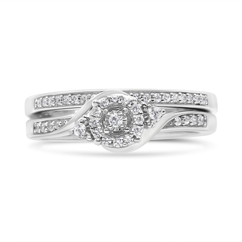 Bids.com .925 Sterling Silver 1/4 Cttw Diamond Halo and Swirl Engagement Ring and Wedding Band Set (I-J Color, I3 Clarity)- Ring Size 7 Rings Gray 7 / White.Sterling Silver,6 / White.Sterling Silver,8 / White.Sterling Silver,5 / White.Sterling Silver,9 / White.Sterling Silver