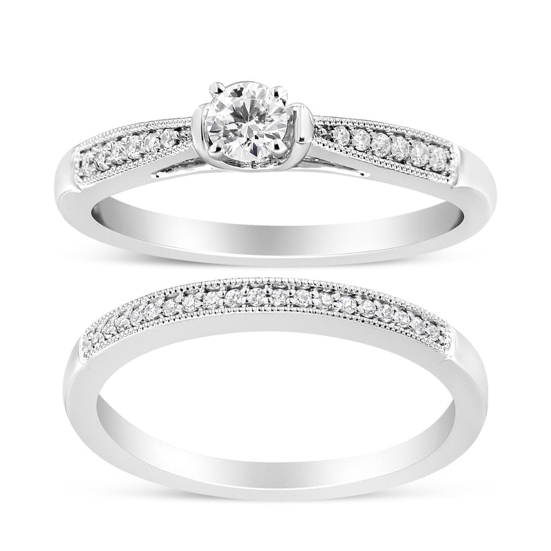 Bids.com .925 Sterling Silver 1/3 Cttw Diamond Classic Engagement Ring Bridal Set with Milgrain (I-J Color, I3 Clarity) - Ring Size 7 Rings White Smoke 7 / White.Sterling Silver,6 / White.Sterling Silver,5 / White.Sterling Silver,10 / White.Sterling Silver,8 / White.Sterling Silver,9 / White.Sterling Silver