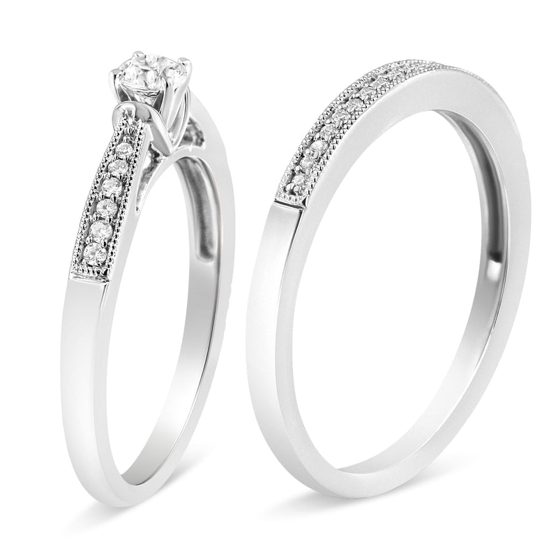 Bids.com .925 Sterling Silver 1/3 Cttw Diamond Classic Engagement Ring Bridal Set with Milgrain (I-J Color, I3 Clarity) - Ring Size 7 Rings White Smoke 7 / White.Sterling Silver,6 / White.Sterling Silver,5 / White.Sterling Silver,10 / White.Sterling Silver,8 / White.Sterling Silver,9 / White.Sterling Silver