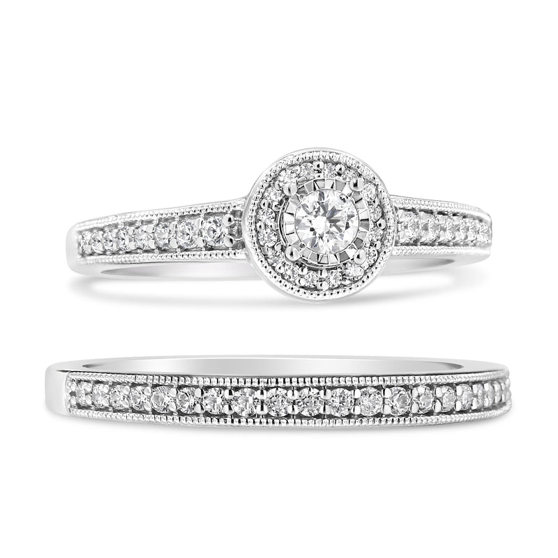 Bids.com .925 Sterling Silver 1/2 Ctw Diamond Halo and Milgrain Engagement Ring Bridal Set (I-J Color, I3 Clarity) - Ring Size 7 Rings White Smoke 7 / White.Sterling Silver,6 / White.Sterling Silver,8 / White.Sterling Silver,9 / White.Sterling Silver