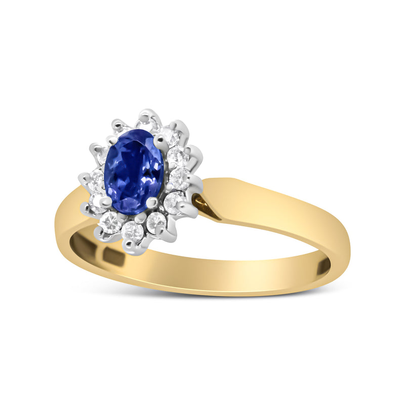 Bids.com 14K Yellow Gold 1/5 Cttw Round Diamond and 6x4mm Oval Blue Tanzanite Halo Ring (H-I Color, I1-I2 Clarity) - Size 7.75 Rings White Smoke 7.75 / Yellow.Gold