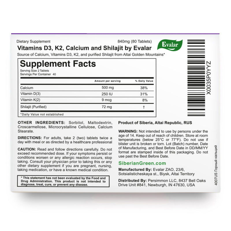 SiberianGreen.com Mountain Calcium with Vitamins D3 + K2 and Shilajit - 80 Tablets | Evalar Herbs White Smoke