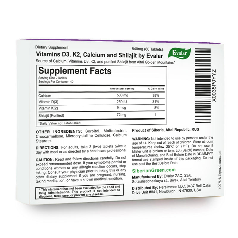 SiberianGreen.com Mountain Calcium with Vitamins D3 + K2 and Shilajit - 80 Tablets | Evalar Herbs White Smoke