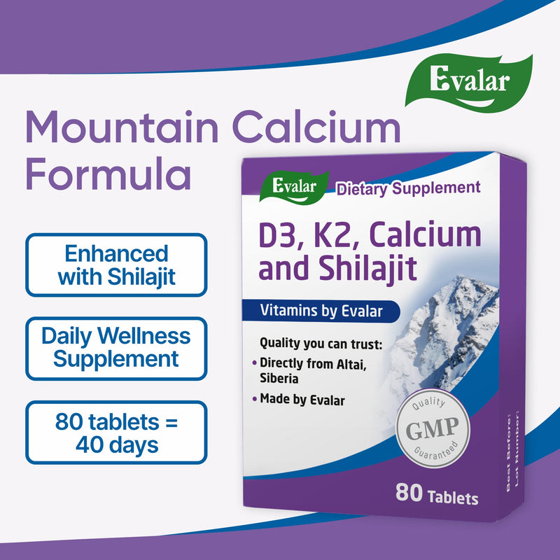 SiberianGreen.com Mountain Calcium with Vitamins D3 + K2 and Shilajit - 80 Tablets | Evalar Herbs White Smoke