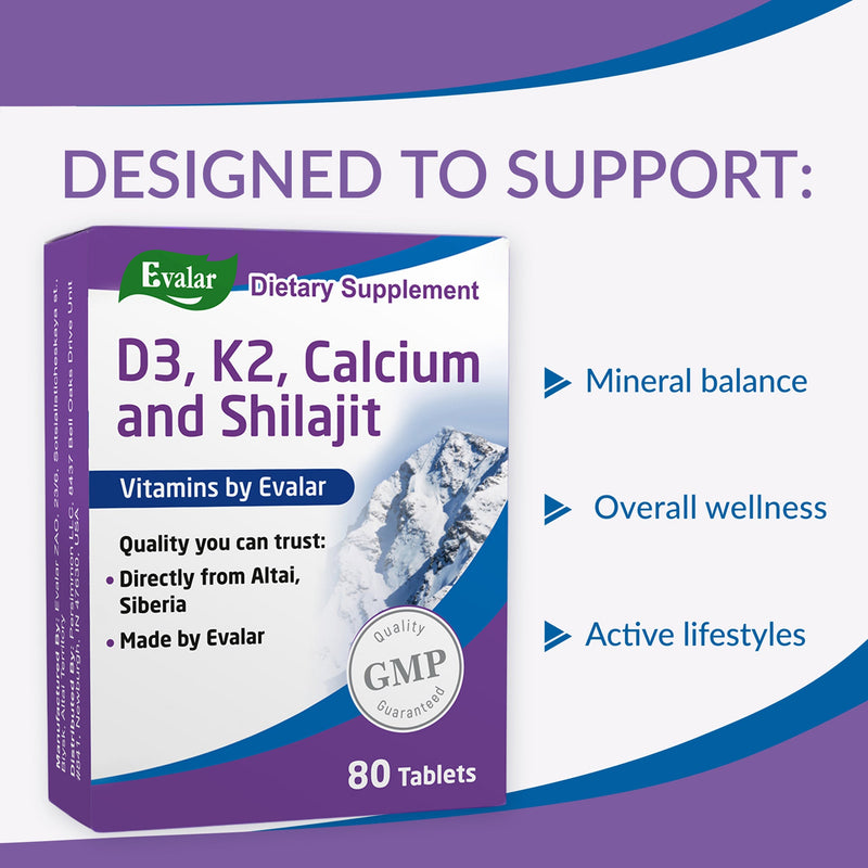 SiberianGreen.com Mountain Calcium with Vitamins D3 + K2 and Shilajit - 80 Tablets | Evalar Herbs White Smoke