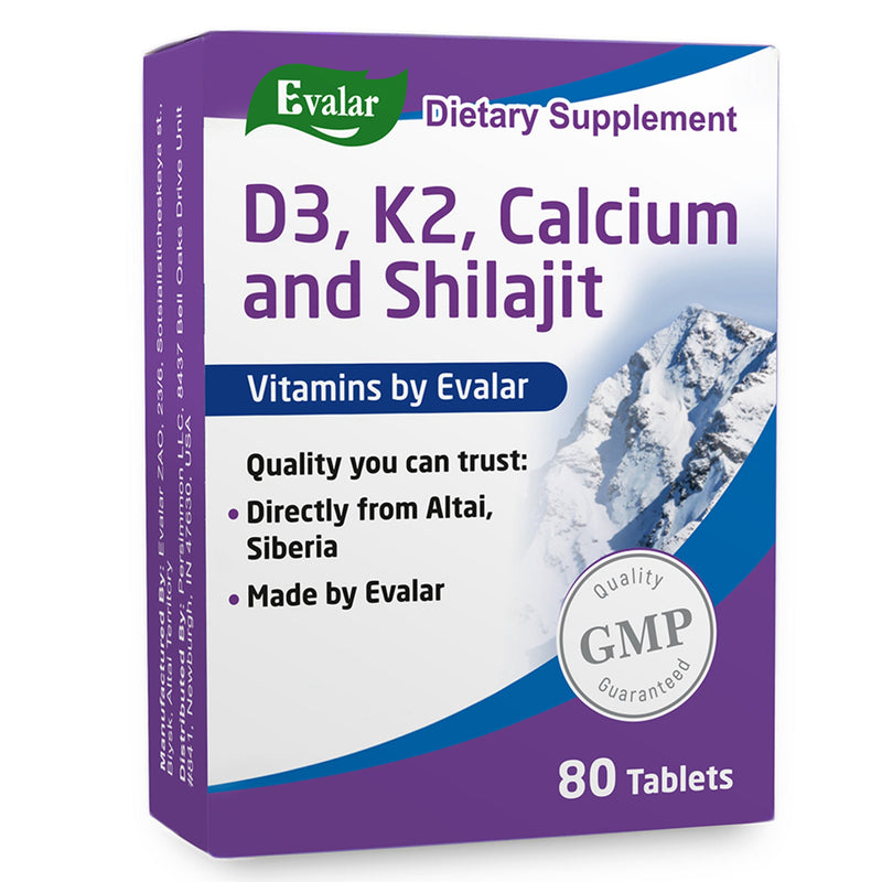 SiberianGreen.com Mountain Calcium with Vitamins D3 + K2 and Shilajit - 80 Tablets | Evalar Herbs White Smoke