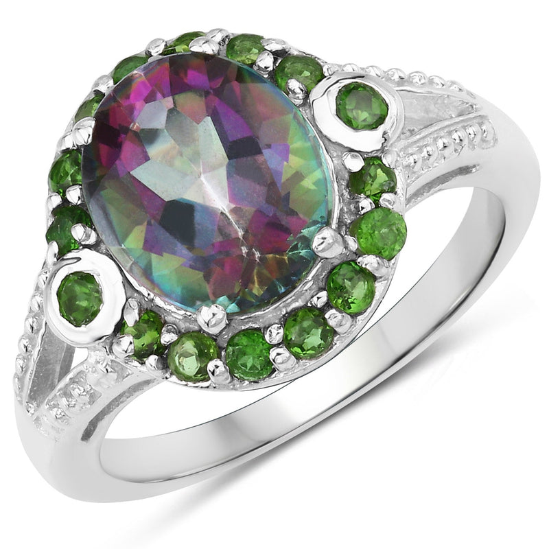 Bids.com 3.92 Carat Genuine Rainbow Quartz and Chrome Diopside .925 Sterling Silver Ring Rings White Smoke size 6.00,size 5.00,size 7.00,size 8.00,size 9.00