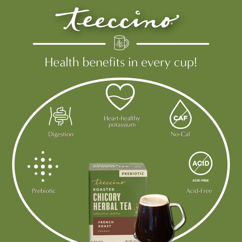 Teeccino French Roast Roasted Herbal Tea Herbal Tea Dark Olive Green 25 tea bags,10 tea bags,50 tagless tea bags