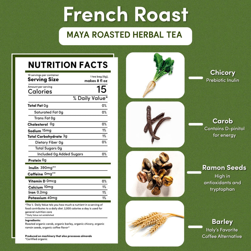Teeccino French Roast Roasted Herbal Tea Herbal Tea Dark Olive Green 25 tea bags,10 tea bags,50 tagless tea bags