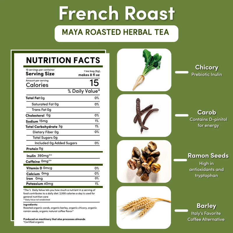Teeccino French Roast Roasted Herbal Tea Herbal Tea White Smoke 25 tea bags,10 tea bags,50 tagless tea bags