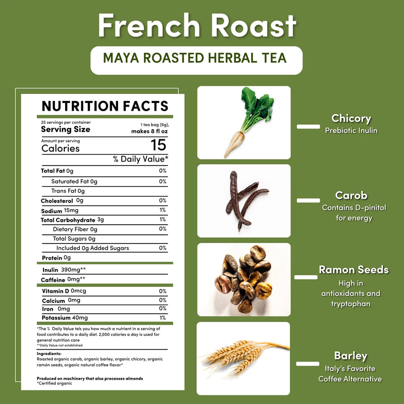 Teeccino French Roast Roasted Herbal Tea Herbal Tea White Smoke 25 tea bags,10 tea bags,50 tagless tea bags