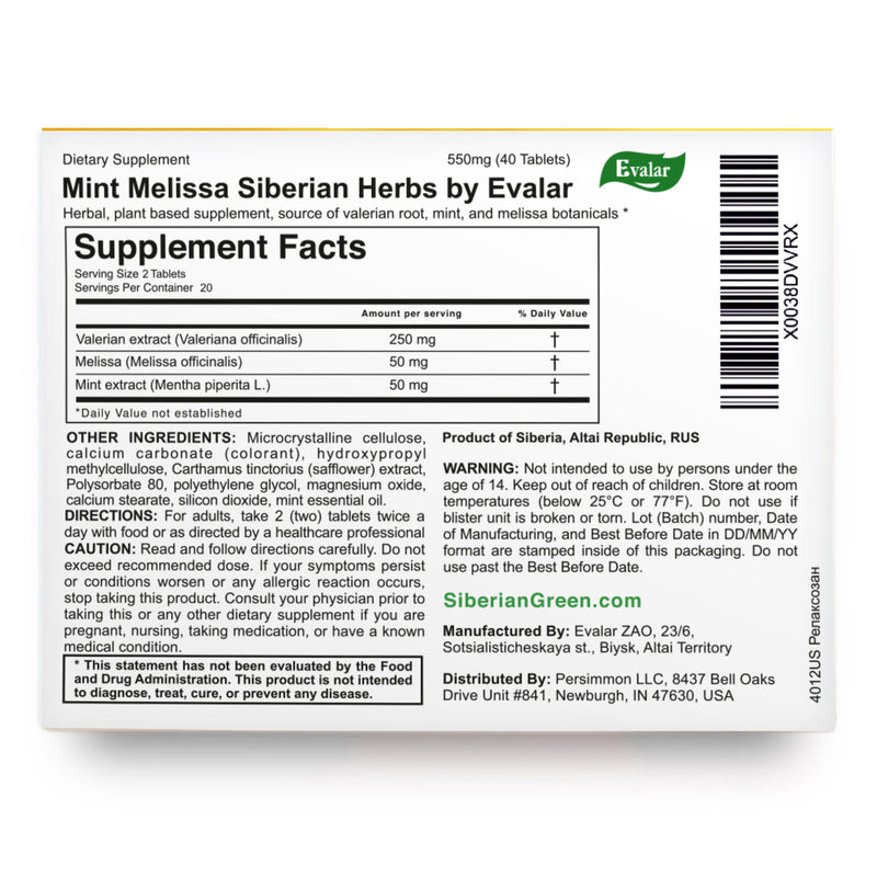 SiberianGreen.com Mint Melissa Herbs by Evalar 40 Tabs Herbs White Smoke