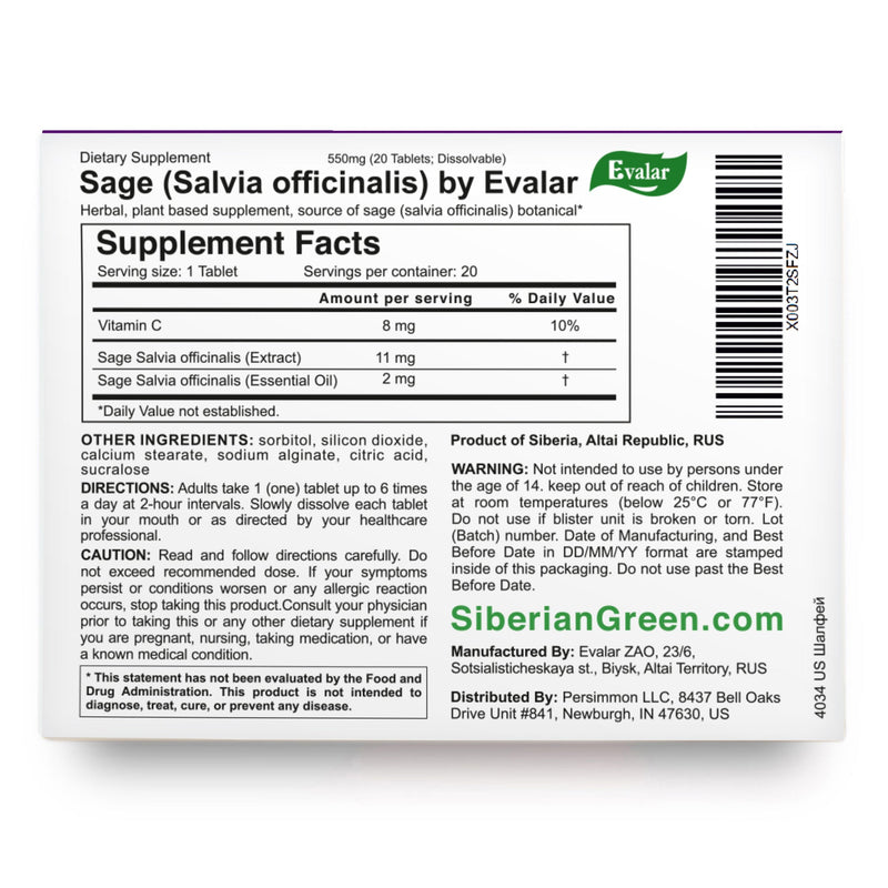 SiberianGreen.com Sage Salvia officinalis Herb by Evalar Dissolvable 20 Tabs Herbs White Smoke
