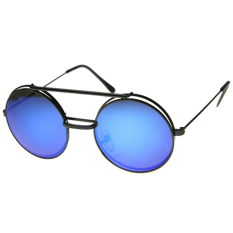 zeroUV Retro Round Steampunk Mirrored Lens Flip Up Sunglasses 8966 Sunglasses White Smoke Black Ice
