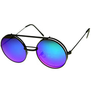 zeroUV Retro Round Steampunk Mirrored Lens Flip Up Sunglasses 8966 Sunglasses White Smoke Black Midnight