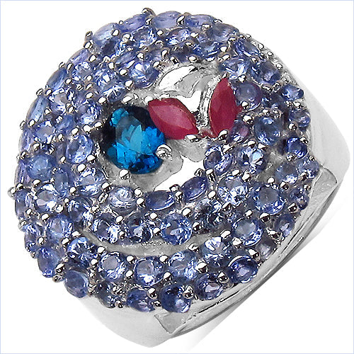 Bids.com 3.31 Carat Genuine London Blue Topaz , Ruby & Tanzanite .925 Sterling Silver Ring Rings White Smoke size 7.00,size 6.00,size 8.00,size 9.00