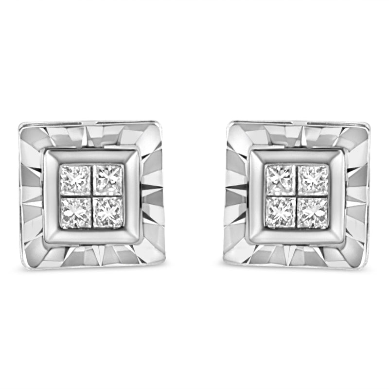 Bids.com .925 Sterling Silver 1/6 Cttw Invisible Set Princess-Cut Diamond Quad Composite Stud Earrings (H-I Color, I1-I2 Clarity) Earrings White Smoke White.Sterling Silver / 0.15