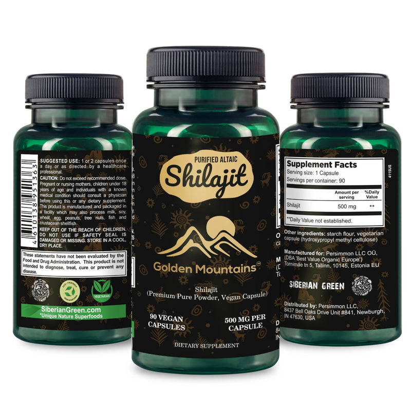 SiberianGreen.com Golden Mountains Shilajit Vegan Capsules – 500mg | 90 Count Herbs White Smoke