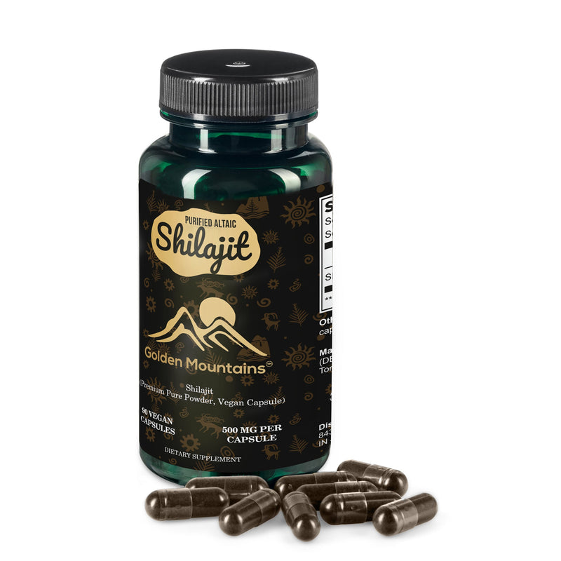 SiberianGreen.com Golden Mountains Shilajit Vegan Capsules – 500mg | 90 Count Herbs White Smoke