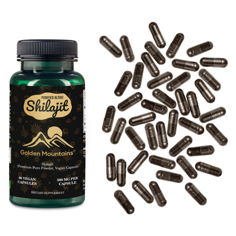 SiberianGreen.com Golden Mountains Shilajit Vegan Capsules – 500mg | 90 Count Herbs White Smoke
